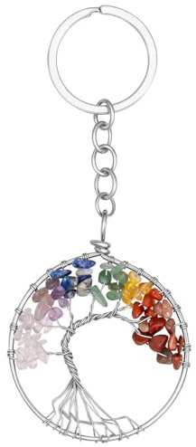 Sahoottie Portachiavi con albero della vita, da donna, 7 chakra, con cristallo curativo, per amicizia, migliore amica, idea regalo per donne, Silver3 - Albero, 50mm x 50mm