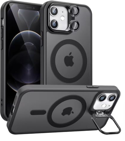 Norllben Magnetic for iPhone 12 Mini Case with Stand, Compatible with Magsafe, Military Protection & Camera Lens Protector Translucent Matte Case,Black