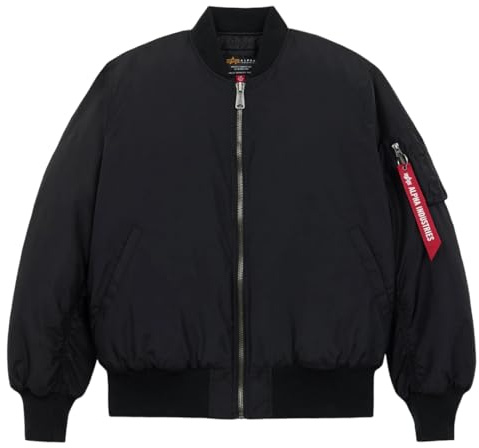 Alpha Industries MA-1 Oxford Flight Jacket for Men Lightweight Oxford Nylon Bomber Jacket with Utility Sleeve Pocket Ribbed Knit Cuffs Hem Collar Relaxed Fit Zipper Closure Army Air Force, Black, 3XL