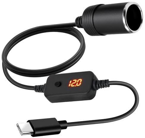 USB C auf Zigarettenanzünder, USB Type C auf 12V Adapter Buchse für Kühlbox Recorder Auto Ladegerät GPS Dash Cam mit Voltmeter Anzeige und Schalter Taste, um die Spannung 5V/9V/12V/15V/20V, 1.2m