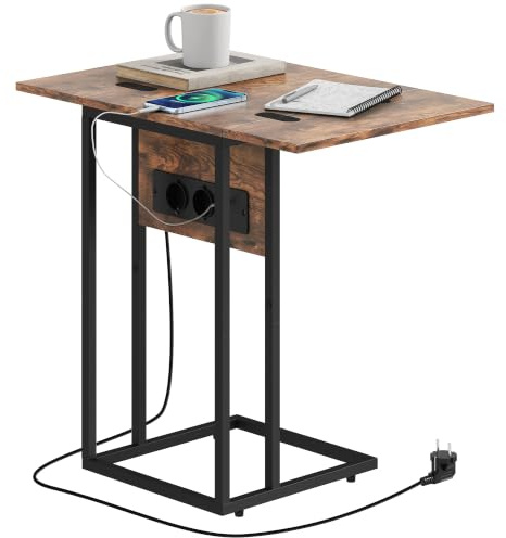 HOMCOM Beistelltisch Klappbar Nachttisch 39 x 29 x 57 cm Rustikal Braun | C-förmig, mit Steckdosenleiste, Couchtisch mit Beinen aus Metall, Wohnzimmertisch, Sofatisch, für Wohnzimmer Schlafzimmer