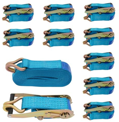 10 Stück Spanngurt mit Ratsche, 5000 kg Zurrgurt, Spanngurte mit Doppel J Haken für LKW Ladung Sicherung Anhänger, Polyester Gurt, 2.5 t Arbeitszugfestigkeit (Blau, 5cm x 8m)
