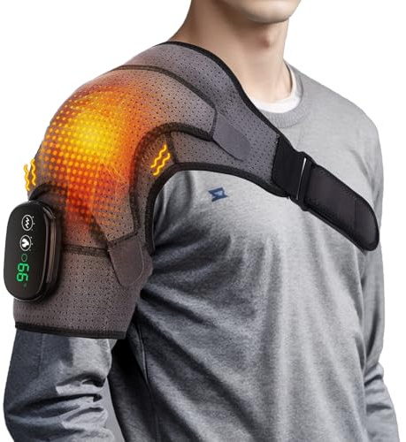 Heated Shoulder Massager with Vibration, Cordless Electric Shoulder Massager Pad, with Adjustable 3-Level Heat and Vibration, Heated Shoulder Support Massager for Pain Relief (Grey Black)