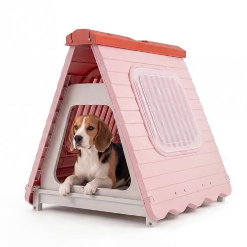 COSTWAY Niche pour Chien Exterieur Interieur en PP, Cabane Chien Exterieur Pliable, Porte à Rabat Verrouillable, Fenêtres Ventilées, Poignée Portable, Cage pour Petits & Moyens, 72 x 60 x 68 cm (Rose)