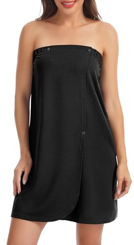 Lovasy Damen Badetuch Waffel Wickelkleid mit Druckknopf | Leichter Bademantel Waffelpique Damen Kurz Trägerloses Wickeltuch mit Gummizug, Sauna SPA Hauskleid