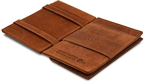 GARZINI Magic Wallet, RFID Geldbeutel für Herren aus echtem Leder, Platz für 8 Karten mit Münzfach, Mini Geldbörse als Geschenk für Männer, Kartenhalter mit Pull-Tab System, Java Brown