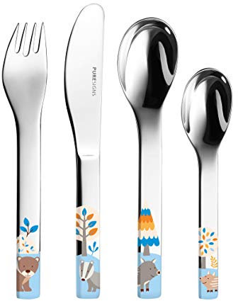 Kinderbesteck Friends MIT Gravur (z.B. Namen) 4tlg. von Puresigns inkl. Namensgravur auf der Rückseite, Waldtiere Tiere Taufgeschenke für Mädchen & Jungen Geschenk zur Taufe