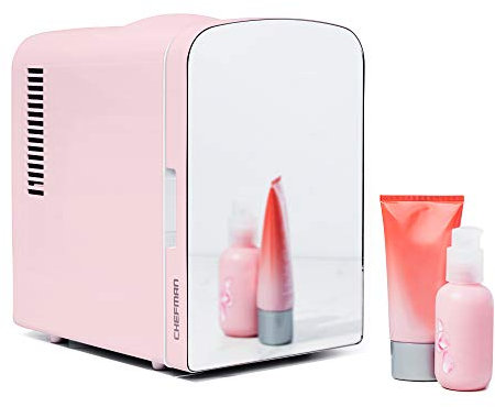Chefman Portable Mirrored Personal Fridge 4 Liter Mini Refrigerator, Skin Care, Makeup Storage, Beauty, Serums And Face Masks, Small For Desktop Or Travel, Cool & Heat, Cosmetic Application, Pink