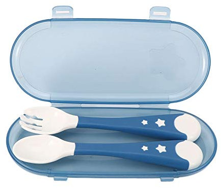 2Pcs Utensilios para bebés Cuchara Tenedor, Alimentación infantil portátil Entrenamiento Tenedor Cuchara Juego de vajilla antideslizante para bebés con estuche de viaje para destetar(Azul)