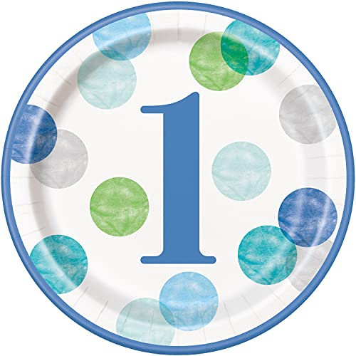Unique 73305EU Eco-Friendly Paper Plates-23 cm-Blue Dots 1st Birthday Party-8 Count (Pack of 1)