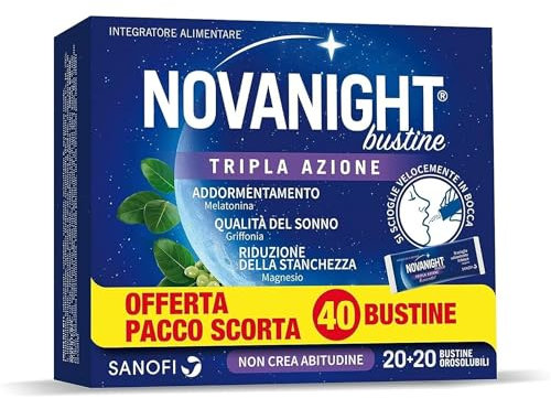 Novanight Tripla Azione Bustine, Magnesio, Melatonina per Dormire, Integratori per Dormire, Disturbi del Sonno - Senza Glutine, con Griffonia, Non Induce Dipendenza (40 Bst Gusto Camomilla e Agrumi)