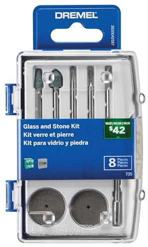 Dremel 735-01 Glass Etching Rotary Tool Accessories Kit - 8 Piece Set - Includes Grinding Stones, Polishing Disc, and Diamond Drill Bit, Blue