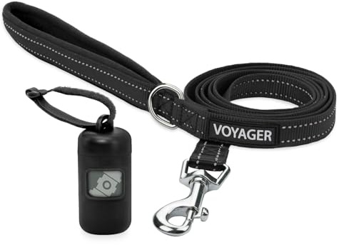 Voyager Reflektierende Hundeleine mit Neoprengriff und wiederverwendbarem Mesh Dispenser-Kotbeutel-Halter by Best Pet Supplies, Schwarz, size M