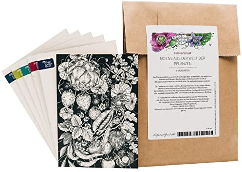 Grußkartenset - Magic Garden Seeds Highlights - 6 Postkarten mit unseren 6 schönsten handgezeichneten Motiven und passende Briefumschläge - Handgezeichnete schwarz-weiß Illustration