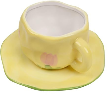Koythin Ceramic Coffee Mug, Tulip Mug Cup for Women with Saucer for Office and Home, Dishwasher and Microwave Safe, 10 oz/300 ml for Latte Tea Milk (Tulip Flower)