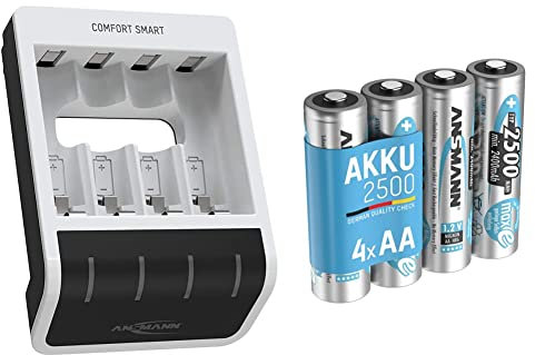 ANSMANN Comfort Smart AA & AAA Battery Charger For NiMH NiCd Rechargeable Batteries & AA Rechargeable Batteries [Pack of 4] & Low Self Discharge AA Type Size Battery For Toys
