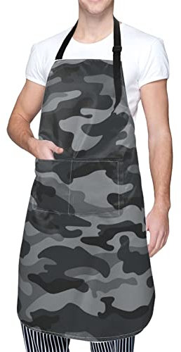 Perinsto Wasserdichte Kochschürze mit 2 Taschen, Grau / Schwarz, Camouflage-Muster, Küchenchef, Lätzchen zum Kochen, Backen, Malen, Gartenarbeit, Fellpflege