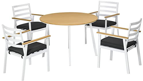 Outsunny Sitzgruppe, 5 TLG. Gartenmöbel-Set inkl. 1 Tisch, 4 Stühlen, Bistro-Set mit Sitzkissen, Sitzgarnitur, Balkonmöbel für Terrasse, Alu, Teak+Weiß