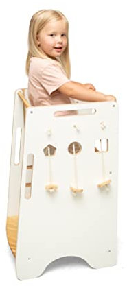 Lernturm Höhenverstellbar Learning Tower - 82x40x50 cm | Kinderhochstuhl Aufstiegshilfe Kindertritt Kinder Hocker | Montessori Tritthocker | Helferturm Hochstand Kinderhocker (Weiß - Holz)