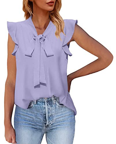 Canotta estiva da donna, casual, tinta unita, senza maniche, in chiffon, con volant, elegante gilet da donna senza maniche, Lilla, XL
