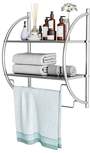 LIFEZEAL Mensola Porta Asciugamani da Muro, Bagno con 2 Ripiani e 2 Aste in Ferro Cromato, Multifunzionale, 45 x 25,5 x 55 cm, Capacità di Peso 14 kg (argento)