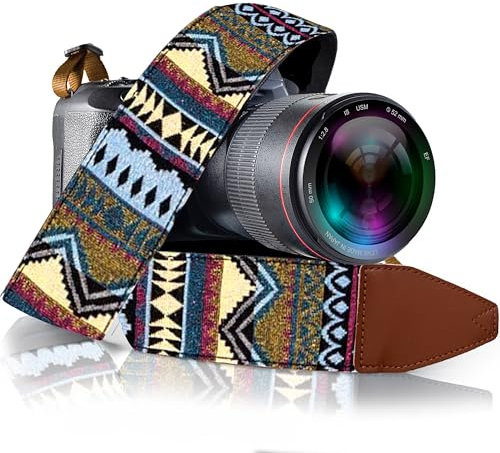 Camera Strap for All DSLR and Mirrorless camera Including Binoculars. Neck , Shoulder & Crossbody Camera Strap Stripes Woven Vintage Pattern Vegan Leather. Best Gift for Men & Women Photographers