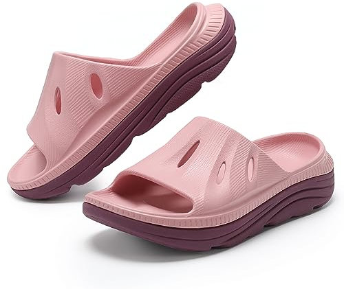 perunvie Womens Recovery Sandals Mens Comfortable Athletic Slides Thick Cushion Lightweight Plantar Fasciitis Sport Sliders of Indoor Outdoor,Arch Support Orthotic Open Toe, Pink, 7.5 Women/5.5 Men