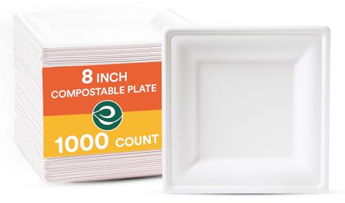 ECO SOUL 20 cm (8 Zoll) weiße quadratische Einwegteller [1000 Stück] | Kompostierbare Bagasse-Teller aus Zuckerrohr | Umweltfreundlich, biologisch abbaubar, stabil & plastikfrei