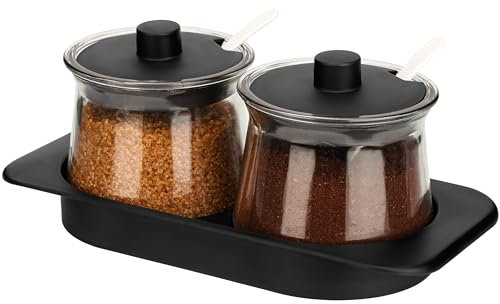 BELLE VOUS 2-teiliges Gewürzgläser Rund Set mit Tablett - Transparente Gewürzgläser mit Löffel & Deckel - Gewürzdosen Glas für Salz, Zucker & Küchengewürze
