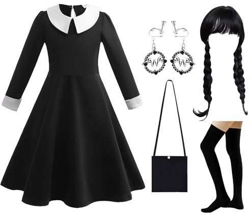 Black Gothic Dress Up Outfit for Girls, Kids Theme Cosplay Costume Party Fancy Dress Accessories With Wig, Belt, Socks, Earrings for Carnival Halloween, World Book Day 2-11
