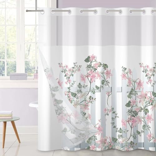 Ttincceer Rideau de Douche sans Crochet avec Doublure encliquetable Rideau de Bain Floral Fleurs sur la clôture Rideau de Douche Double Couche Rideau de Baignoire Lavable 183x188cm