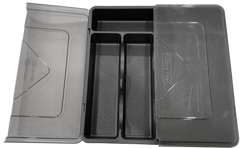 MIAO JIN Besteck-Organizer mit doppelter Öffnung, tragbar, Kunststoff, Besteckablage mit Deckel, stapelbar, Utensilien-Organizer für Arbeitsplatte, 5 Fächer für Küchenschublade, Schwarz