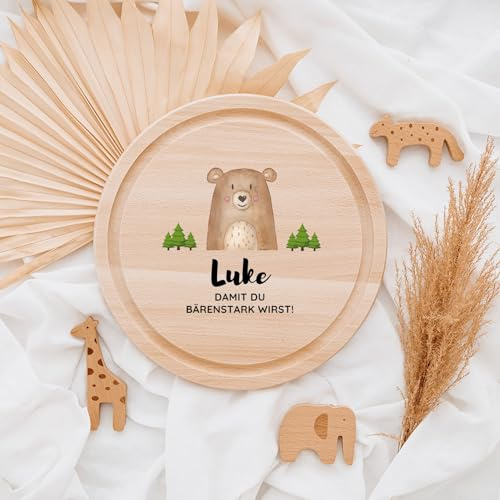 wunderwunsch Frühstücksbrettchen, Kinder Holzbrett personalisiert rund | Brettchen hier krümelt, Scheidebrett, Holzbrettchen mit Namen, Geschenk Einschulung, Junge, Mädchen, Kind, Frühstücksbrett