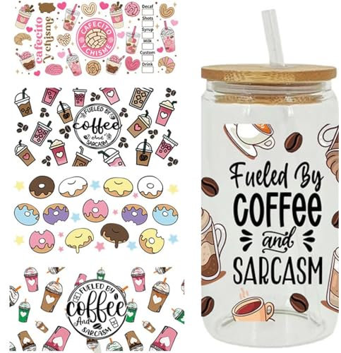 OUBFUUY UV Dtf Cup Wrap for Crafting, 5 Sheets Dessert Theme UV Dtf Transfers Stickers for 16 OZ Libbey Glass Cups Straws and Accessories (Dessert)