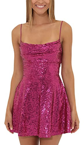 Glitzerndes Spaghettiträgerkleid für Damen, glänzende Pailletten, figurbetontes Minikleid, rückenfrei, A-Linie, Partykleid, Cocktailkleid, Streetwear, A-Rose Red, XL