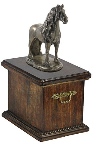 Art-Dog Handgefertigte Urne für Pferdeasche - Kaltgegossene Bronzestatue - Individuelle Einäscherungsbox - Hölzerne Gedenkurne - 46,5x29x21cm - Friesenhengst