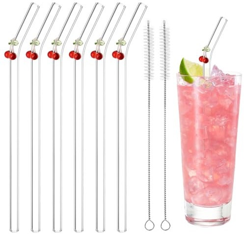 Strohhalme Glas, Wiederverwendbar Glas Strohhalm Lang,Kirsche Trinkhalme Glas Gebogen mit Reinigungsbürsten für Säfte, Cocktails, Smoothie, Milch, Kaffee(6 Stück)