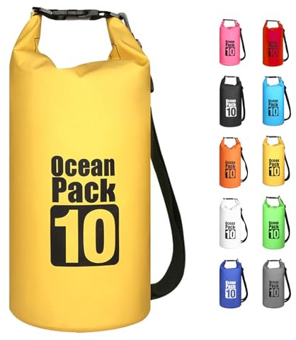 MORAINJAY 10L wasserdichte Tasche, Gelb Dry Bag 2L/5L/10L/15L/20L/25L/30L mit Verstellbarem Gurt, Schützt Telefon/Karte, Roll Top Wasserdichter Beutel Rucksack für Schwimmen/Rafting/Bootfahren