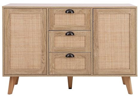MAISON ARTS Rattan Cabinet Sideboard Buffet with Storage Boho Accent Cabinet with 2 Doors and 3 Drawers for Living Room Dining Room Entryway