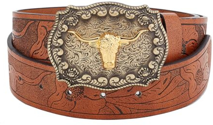 HOBBIESAY Cowboy Western Leder Herrengürtel Cowgirl Country Rodeo Kuhkopf Schnallengürtel Longhorn Bullmuster Schnallengürtel Gravierter PU Ledergürtel Für Damen Herren Jeans Hosen Kleider