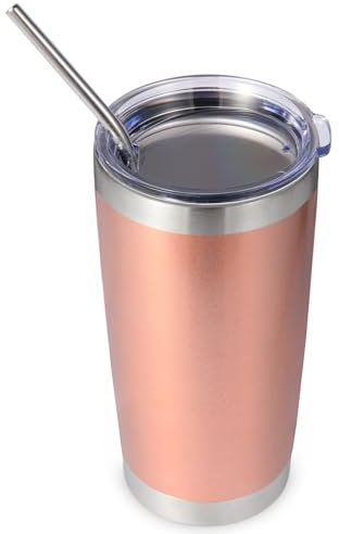 Volhoply 20oz 550ml Travel Insulated Tumbler with Lid and Straw, Double Wall Insulated Travel Iced Coffee Mug Fits Cup Holder,Powder Coated Cups for Hot & Cold Drinks, BPA Free（Rose Gold,1 Set）