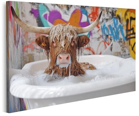 islandburner Bild auf Leinwand Highland Rind in der Badewanne mit Graffiti Hintergrund Bilder Wandbilder Poster