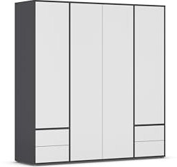 Rauch Möbel Nabila, Drehtürenschrank, Kleiderschrank, Kleiderschränke, Garderobe, 4-türig, 4 Schubladen, push-to-open, Farbe Weiß/Grau metallic, Schwarz, 187x194x53cm