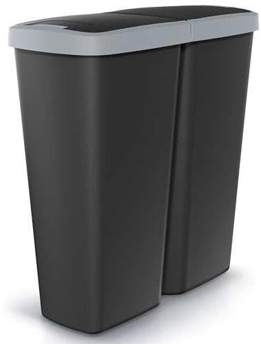 Monzana® Mülleimer Küche 50L 2 Fächer mit Deckel Druckknopf Abfalleimer Büro Papierkorb Biomüll Gelber Sack Mülltrennsystem Recycling Schwarz Grau