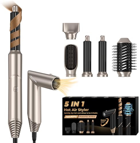 UKLISS Airstyler 5 in 1 Ionen Locken Föhn [60,000RPM] mit Heißluft Lockenstab Warmluftbürste Rundbürstenföhn Thermal Brush 5 in 1 Hairstyler Haarstyler Ionen Haartrockner Hair Dryer Set, Gold