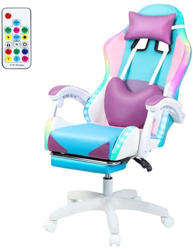 reukmuuc Sedia da gaming, ergonomica, con luci LED RGB, sedia direzionale con massaggio e poggiapiedi, sedia reclinabile per videogiochi, per adulti, regolabile con base girevole a 360°, viola