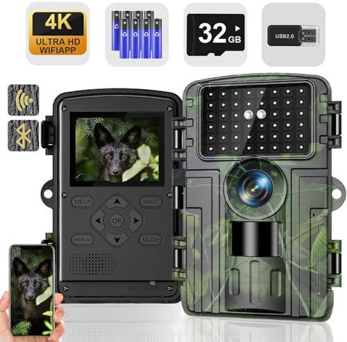 Wildlife Camera 4K Trail Camera 60MP with WIFI App Control Night Vision with Motion Activated IP66 Waterproof 0.1s Trigger Time for Wildlife Monitoring with 8*AA 1.5V Batteries & 32GB SD Card