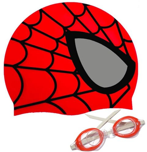 Children's Swimming Goggles and Swimming Cap Set for Water Sports, Spider Swim Cap, Girls and Boys, Suitable for Long or Short Hair