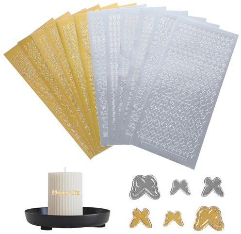 12 Blatt Wachsbuchstaben Für Kerzen Gold Und Silber PVC Wachs Sticker Groß Klein Buchstaben Zahlen Sterne Schmetterlinge Symbole Aufkleber Set Zum Kerzen Fotoalbum Scrapbook Taufe Kommunion Hochzeit
