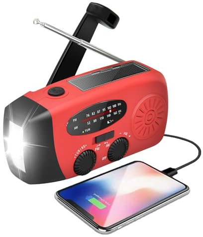 Fenayuu Radio Emergencia 2000mAh, Radio De Manivela Solar, Portátil De Supervivencia con Alarma SOS, Am/FM Y Linterna LED para Emergencias Al Aire Libre